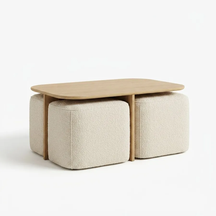 Coffee table + 2 poufs
